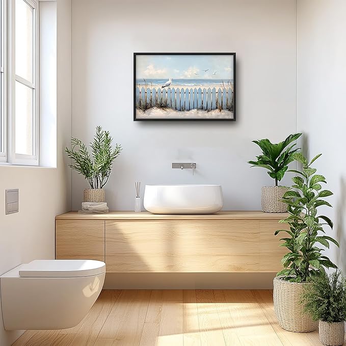 Flintis Large Ocean Beach Framed Wall Art Beach Seagull Pictures Wall Decor Abstract Natural Landscape Canvas Painting Print Artworks Framed for Living Room Bathroom Master Bedroom 36L X 24W