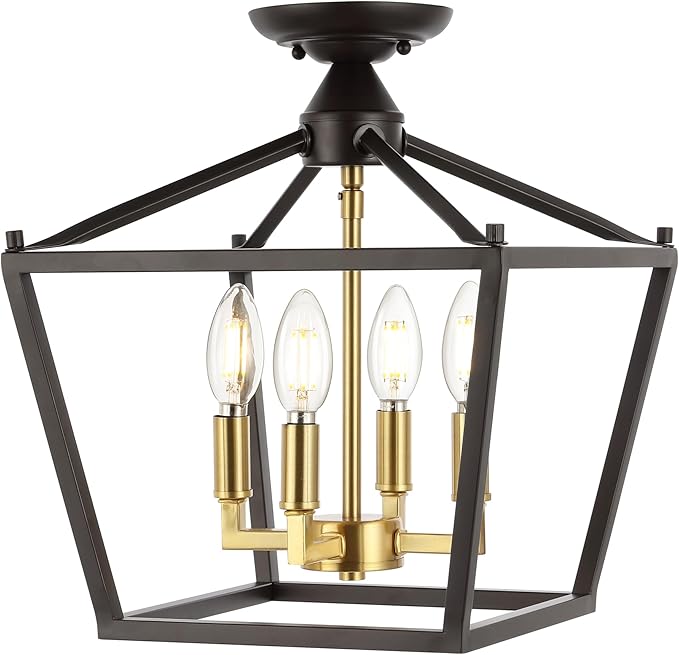 JONATHAN Y JYL7610G Plains Mini Lantern 12" 4-Light Iron Modern Farmhouse LED Flush Mount, Office, Living Room, Family Room, Dining Room, Bedroom, Hallway, Foyer, Oil Rubbed Bronze/Brass Gold