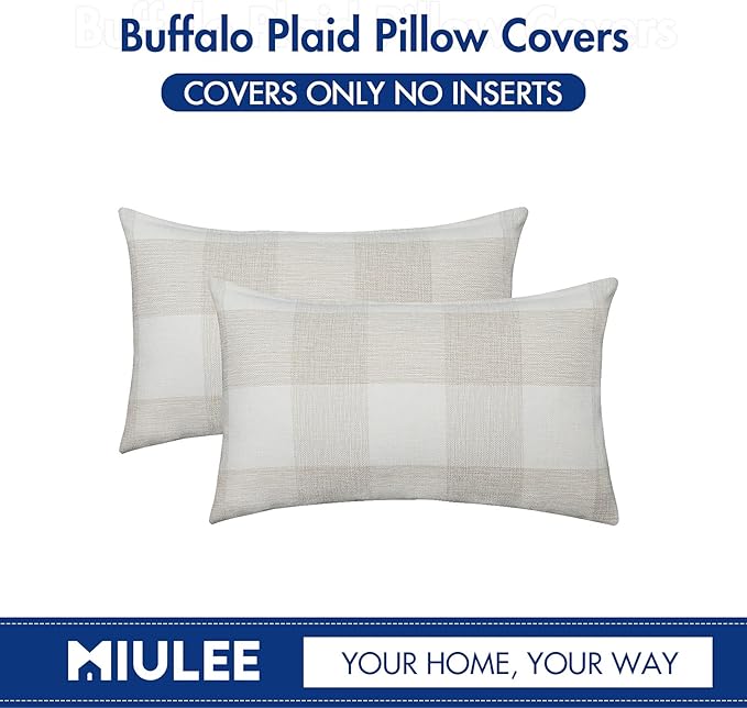 MIULEE Pack of 2 Farmhouse Buffalo Check Plaids Polyester Linen Soft Solid Cream White Decorative Throw Pillow Covers Home Decor Outdoor Cushion Case for Sofa Bedroom 12 x 20 Inch 30 x 50 cm