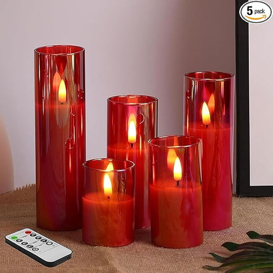 Eywamage Red Glass Flameless Candles with Remote Batteries, Flickering Slim Tall LED Candles Christmas Decor Set of 5