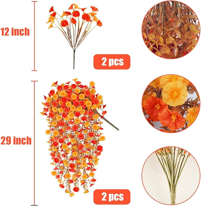 2 Pcs Artificial Hanging Flowers for Outdoor Fall Decoration, 2 Pcs UV Resistant Fake Fall Morning Glory Flowers Faux Petunias for Home Front Door Patio Decor (Orange Yellow)