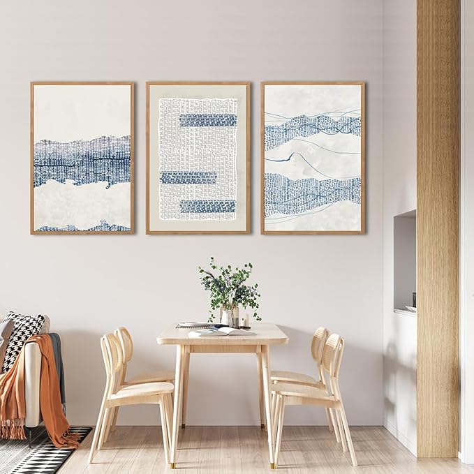 IARTTOP Large Blue Abstract Canvas Wall Art Framed 24x36 Inch Neutral Minimalist Modern Wall Art Mid Century Boho Artwork for Living Room Bedroom Office Set of 3