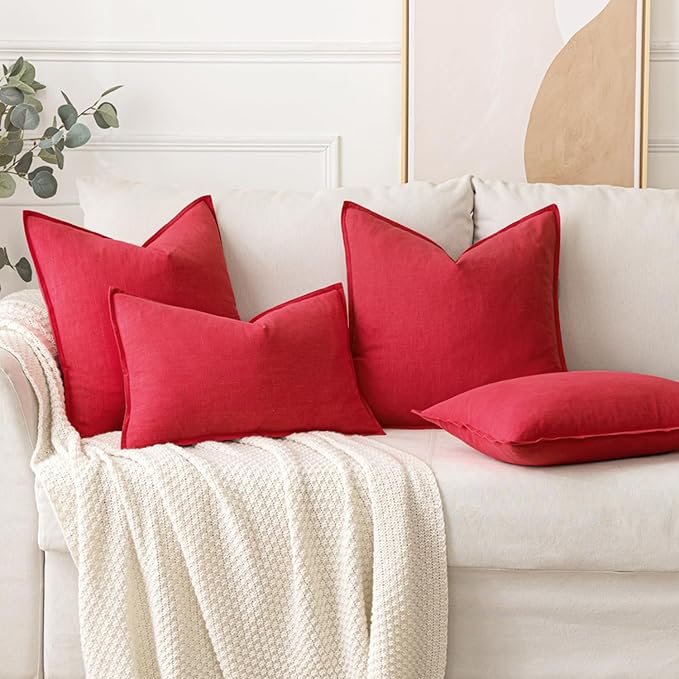 MIULEE Decorative Linen Pillow Covers 18x18 Inch Red Boho Farmhouse Neutral Couch Throw Pillows for Bed Pack of 2 Accent Modern Pillowcase Sofa Livingroom Home Decor
