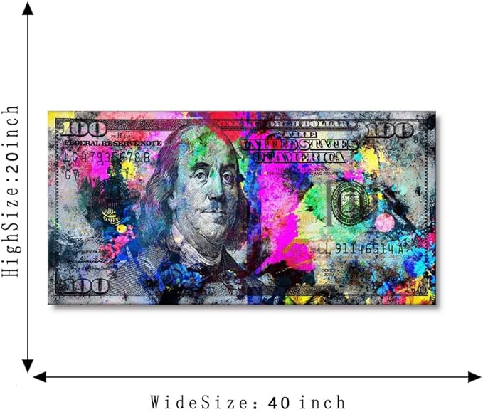 Abstract Creative Money Pop Art Print Contemporary Entrepreneur Inspirational 100 Bill Dollar Giclee Canvas Wall Art Painting Positive Modern Art for Bedroom Dinning Room Frame Easy to Hang-40"Wx20"H