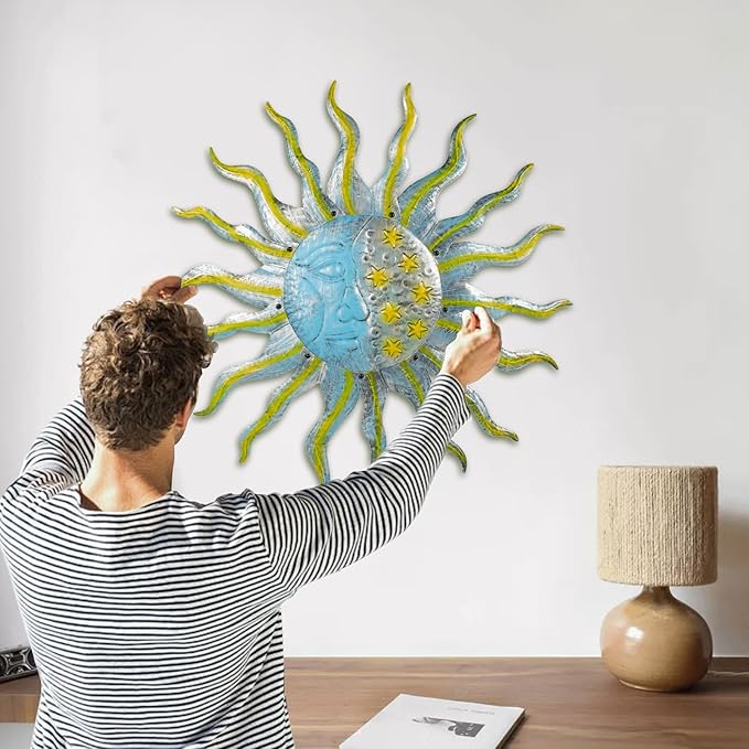 Large Metal Sun Wall Decor Outdoor, 27 Inch Sun and Moon Decor Metal Wall Art, 3D Sun Wall Decor for Patio Garden Yard Fence Bedroom Living Room Decoration