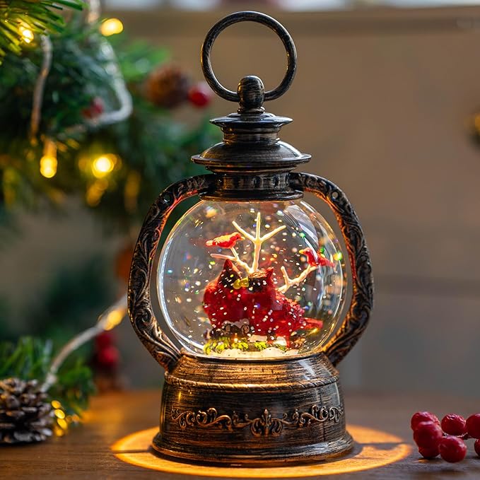 Musical Snow Globe Lantern Lighted 2 Cardinal Christmas Snow Water Lantern Swirling Glittering Home Decoration and Gift, Battery Operated or USB Powered