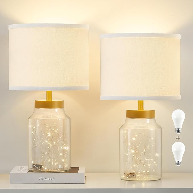 GyroVu Fillable Table Lamp, Bedside Lamp with Clear Glass Fillable Lamp Nightstand Lamp for Living Room Bedrooms Office, Bulbs Included(Gold+White Lampshade)