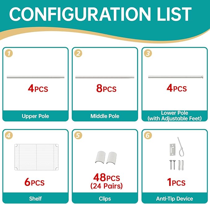 SINGAYE 6 Shelves Storage Shelf Wire Closet Bathroom Organizers Metal Pantry Kitchen Small Garage Shelving Unit Laundry Room Organization Home Corner Rack Estantes para Cocina White 10" Dx16 Wx60”H