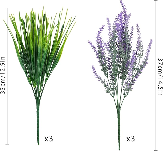 Uieke 6pcs Outdoor Artificial Lavender Plants, 14.5in UV Resistant 3PCS Fake Lavender Flowers with 3 PCS Faux Grass Greenery Stems for Home Kitchen Hanging Planter Garden Patio Décor Purple