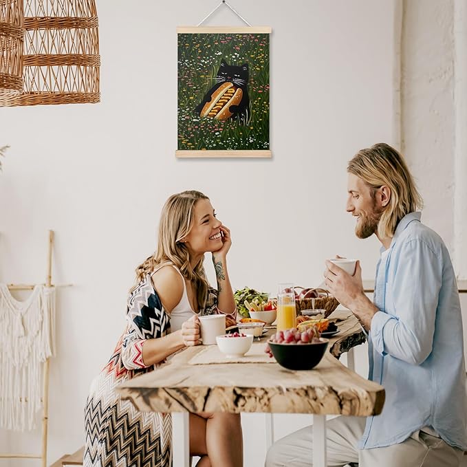 Floral Black Cat Wall Art Poster, Cat Room Home Decor, Colorful Wildflowers Black Cat with Hot Dog Canvas Wall Art Prints for Home Office, 12x16 Inches