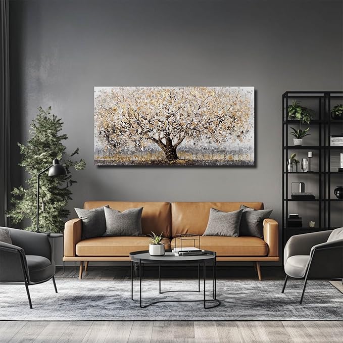 CHUDANHAO Abstract Grey Graffiti Wall Decor Big Tree Painting Gold Photo Prints Modern Canvas Art for Dining Room Bedroom 24"x48" Gallery Wall Art