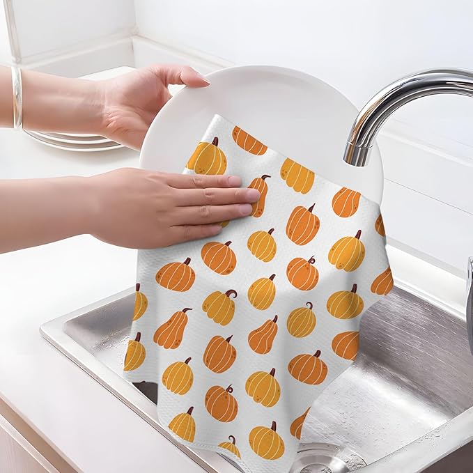 Fall Kitchen Towels 16x24 Inch Burnt Orange Yellow Pumpkin Decor Dish Towels Autumn Harvest Thanksgiving Seasonal Decoration Hand Towel Absorbent Dish Cloths for Home Kitchen Dining Set of 2