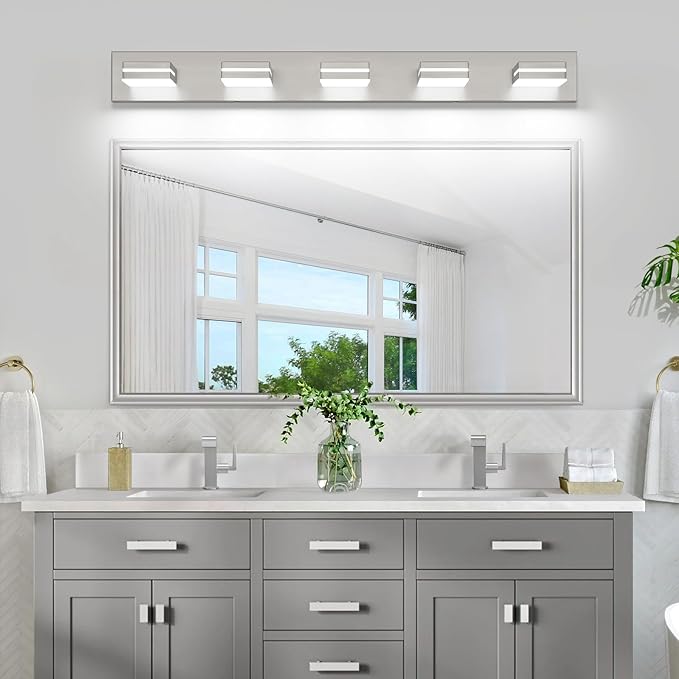 SineRise LED Modern Bathroom Vanity Light Fixtures (5-Light, 40-Inch), Brushed Nickel Modern Acrylic Bathroom Wall Lighting Fixtures Over Mirror (Cool White 6000K)