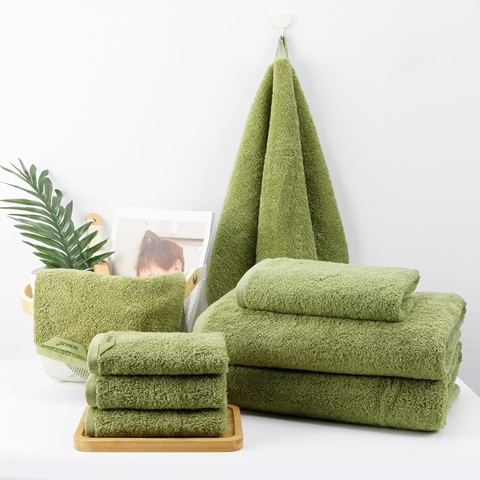 SEMAXE Sage Green Bath Towel Set, 100% Cotton Bathroom Towels with Hanging Loops, Soft & Absorbent, 8 Piece Towel Set Include 2 Bath Towels, 2 Hand Towels, 4 Washcloths
