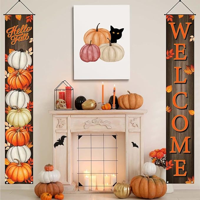 Framed Autumn Canvas Print Wall Art Cat Halloween Print posters Halloween Poster Fall Wall Decor Rustic Home Wall Decoration 16x24 framed