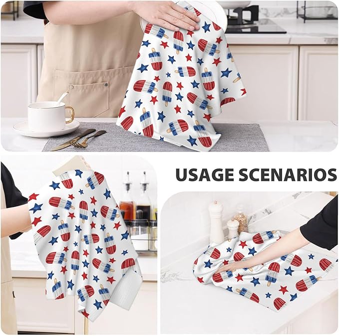 4th of July Kitchen Towels 16x24 Inch Red Navy Blue Stars Patriotic Decor Dish Towels American Independence Day Decoration Hand Towels Absorbent Dish Cloths for Home Kitchen Dining Set of 2