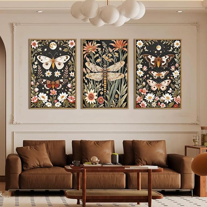 ANHUIB Extra Large Wall Art William Morris Wall Art 24x36 Inch Vintage Floral Wall Decor Butterfly Dragonfly Paintings Set of 3 for Living Room Bedroom Dining Room