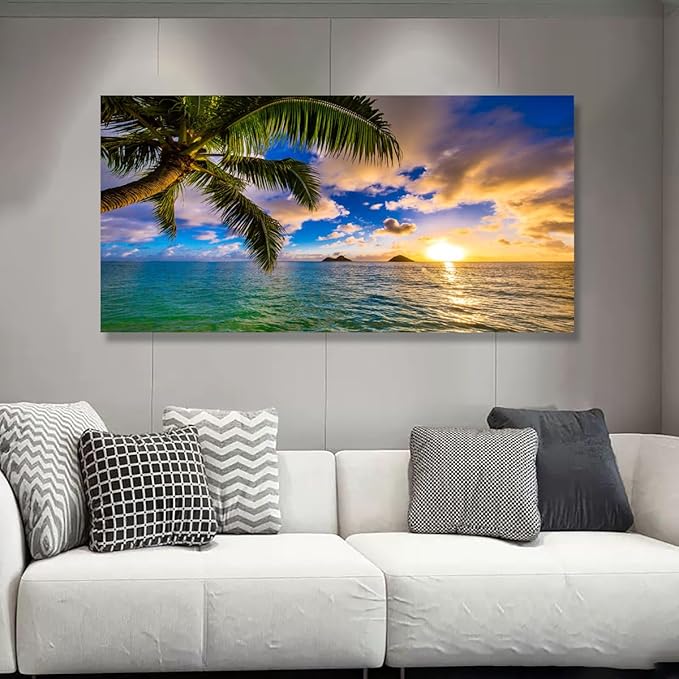 Seascape Sunset Pictures Canvas Wall Art For Living Room Bedroom Wall Decor,Palm Wall Art Print Paitnings For Home Decor,Morden Artwork Coconut Tree Canvas Art Waterproof Ready To Hang-28x57 Inches