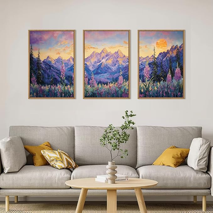 HOURIA Purple Sunset Mountain Landscape Framed Canvas Wall Art Set,Nature Pine Tree Wildflowers Wall Decor,Golden Sunlight Wall Painting,Modern Field Art Prints for Living Room, Bedroom-16 x24 x3