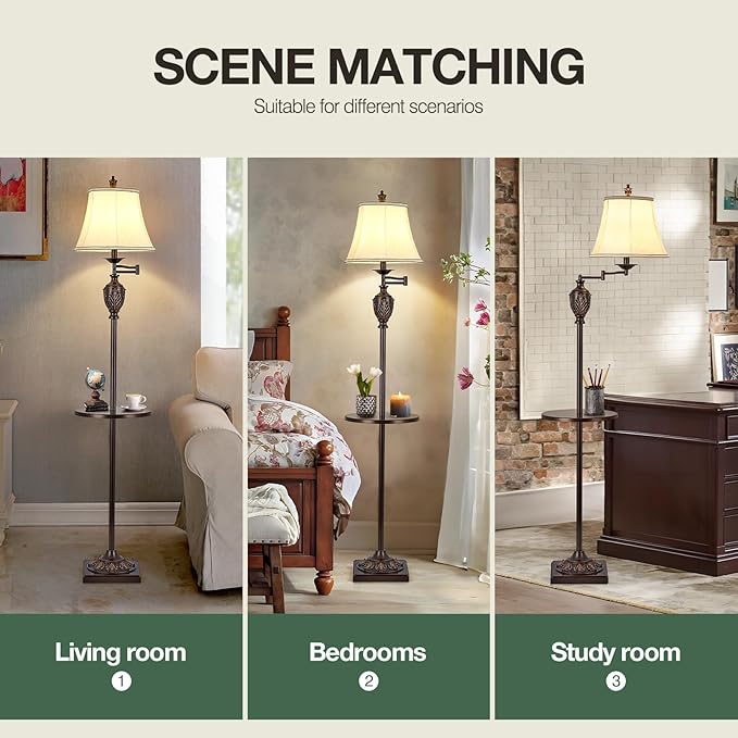 Traditional LED Floor Lamp with 350° Adjustable Swing Arm Lamp – Vintage Standing Pole lamp for Living Room, Bedroom and Office – Rustic Upright Floor Light for Home Décor with Silk Fabric Shade