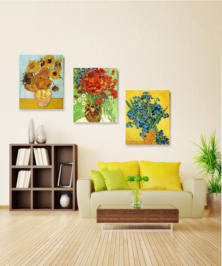 DECORARTS - Triptych (Van Gogh Flower Series), Vincent classic Art Reproduction. Giclee Canvas Prints Wall Art for Home Decor 24x30, 3pcs/set