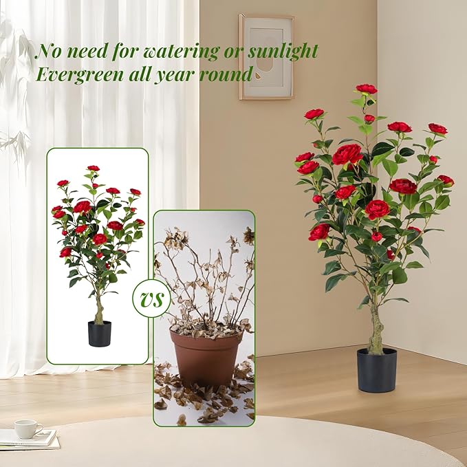 Artificial Camellia Tree 2 Pack, 3FT Faux Camellia Plant in Pot, 36 inch Fake Potted Camellia Flower Tree Plastic Camellia Tree for Modern Home Office Living Room Floor Decor Indoor, Red
