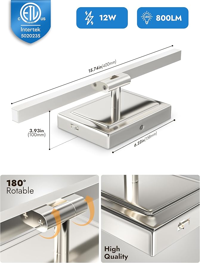 NIORSUN 15.7 Inch Modern Bathroom Light Fixture, 12W 5CCT Dimmable LED Chrome Bathroom Vanity Lights Over Mirror, Vanity Lights for Bathrooms Restroom Mirror- ETL Certified