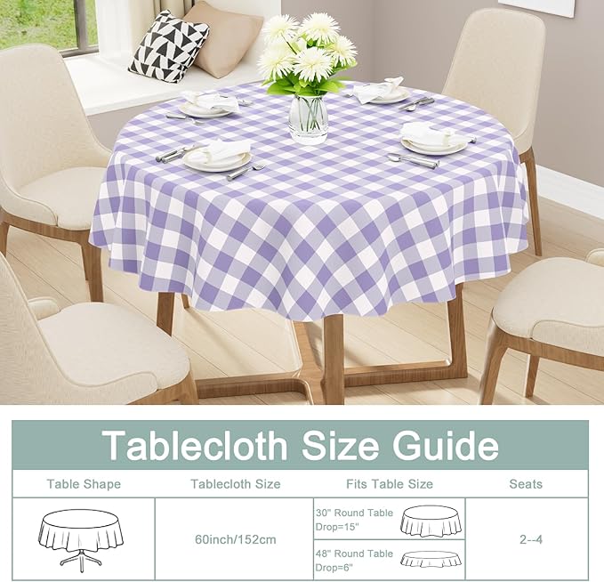 misaya Round Waterproof Vinyl Table Cloth, Buffalo Flannel Backed Tablecloth, Wipeable Plastic Table Cover for Dinner, Kitchen, Picnic (60", Lavender and White)
