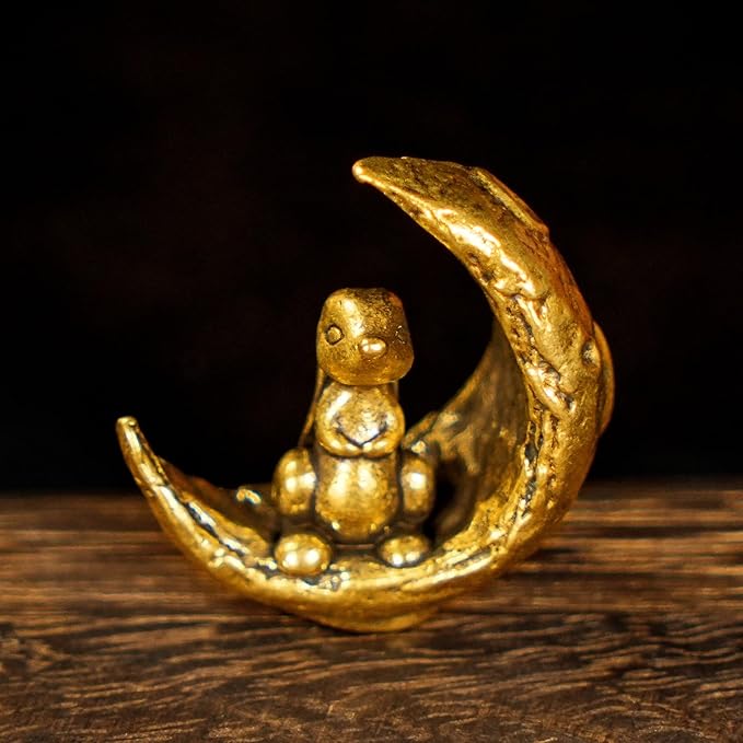 CHOVY Retro Handcrafted Moon Rabbit Sculpture - 100% Solid Brass Adorable Rabbit Sitting on Crescent Moon | Vintage Style Collectible Art Piece for Home & Office | Unique Gift for Lunar Lovers