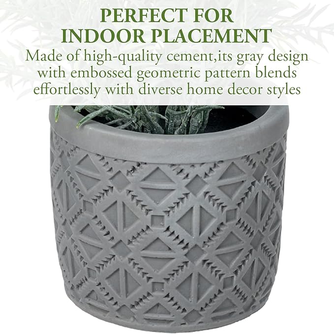 MyGift Set of 2 Artificial Green Plant in Modern Gray Concrete Pots with Geometric Embossed Pattern, Faux Greenery Indoor Houseplants Potted in Decorative Round Planters