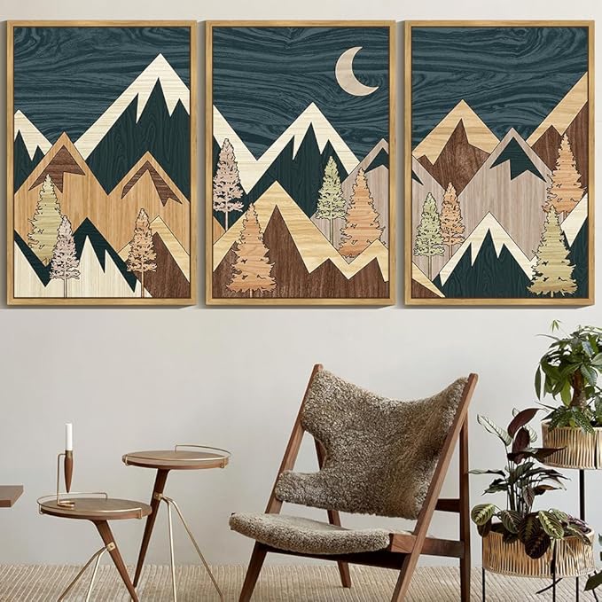KUVIOKE Woodcut Pine Tree Forest Mountains Framed Wall Art Nature Landscape Prints Morden Farmhouse Bedroom Hallway Ready to Hang 24x36in (Natural Framed)