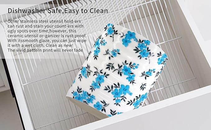 Kitchen Utensil Holder,7.2″Extra Large Stable Pattern Ceramic Utensil Crock,Utensil Organizer for Countertop,Kitchen Decor,Utensil Holder for Housewarming,Wedding Gift (Teal Blue)