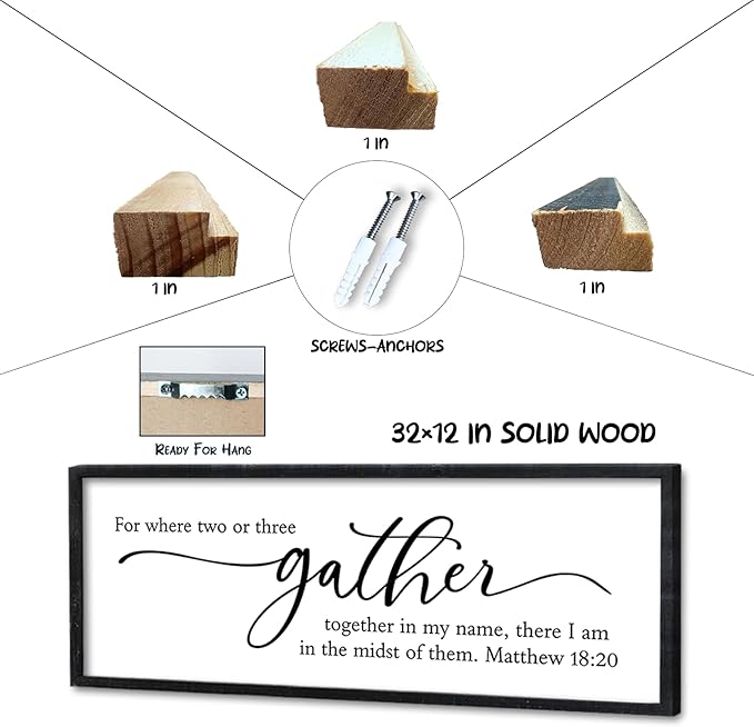Surfapans For Where Two Or Three Gather Sign Wall Art Decor 32"X12" Dining Room cripture Matthew 18 20 Bible Verse Large Wood Framed Hanging (Black)