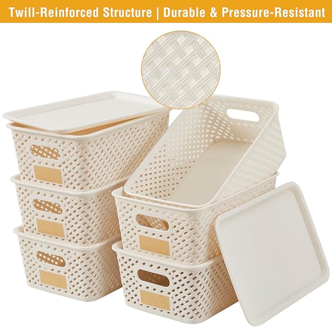 Small Plastic Twill Woven Storage Baskets with Lids, Stackable Organizing Containers with Labels for Pantry Closet Office, 6-Pack,10.35"x7.3"x4.09", White