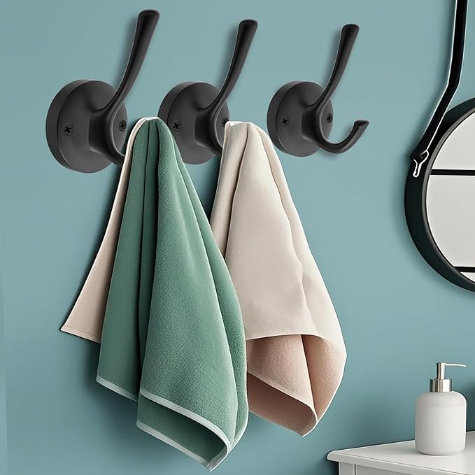 Black Wall Hooks Towel Hooks, 3 Pack Coat Hooks Robe Hook Heavy Duty Metal Double Bath Hook Wall Mounted, Hand Towel Hooks for Entryway Bathroom Kitchen Closet Garage