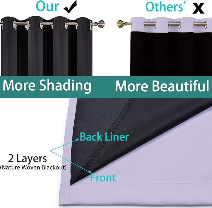 Yakamok 100% Blackout Curtains Energy Saving Thermal Insulated 2 Thick Layers Completely Blackout Drapes with Black Liner for Bedroom (52Wx108L,Lilac, Set of 2)
