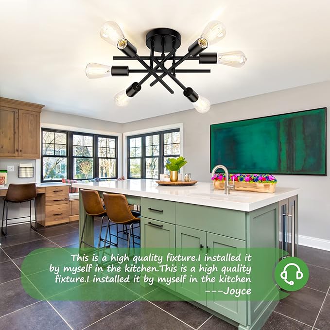 TOBUSA 6-Light Semi Flush Mount Ceiling Light Fixture, Black Sputnik Ceiling Light, Modern Close to Ceiling Light Fixture for Kitchen Bedroom Dining Room Living Room Hallway Chandelier, E26 Socket