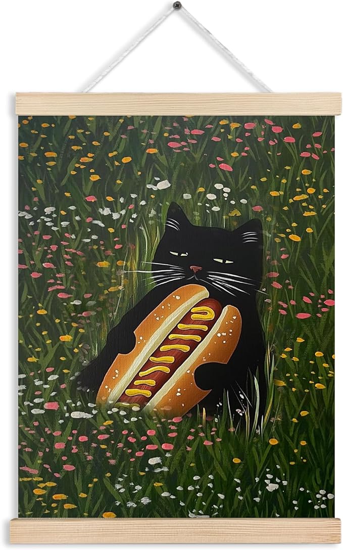 Floral Black Cat Wall Art Poster, Cat Room Home Decor, Colorful Wildflowers Black Cat with Hot Dog Canvas Wall Art Prints for Home Office, 12x16 Inches