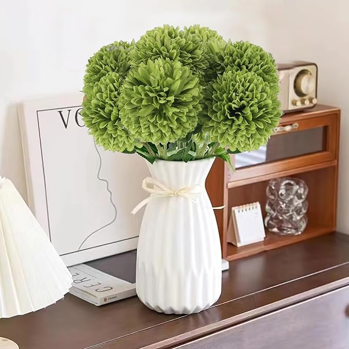 Hananona 12 Pcs Artificial Chrysanthemums Flowers Ball Flower, Fake Mums Flowers Green Silk Flowers for Home Decor Indoor Floral Arrangement St Patricks Day Table Centerpiece (12, Green)