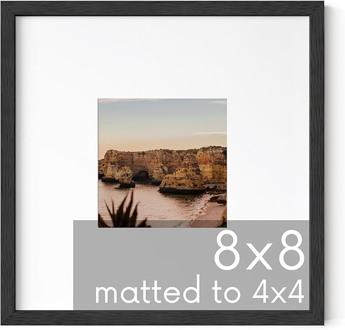 HAUS AND HUES Picture Frame, Solid Oak 8x8 with Mat, Black, 8 x 8 inches, Square, Poster Frame, Modern Design, 1 Count