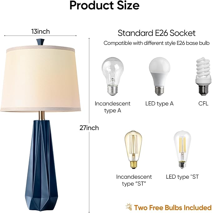 WIHTU 3 Color Temperature Table Lamps Set of 2, 27'' Navy Blue Modern Table Lamp for Living Room, Beside Lamp with Linen Shade, Resin Desk Lamp for Nightstands Bedroom Office Decor (2 Bulbs Included)