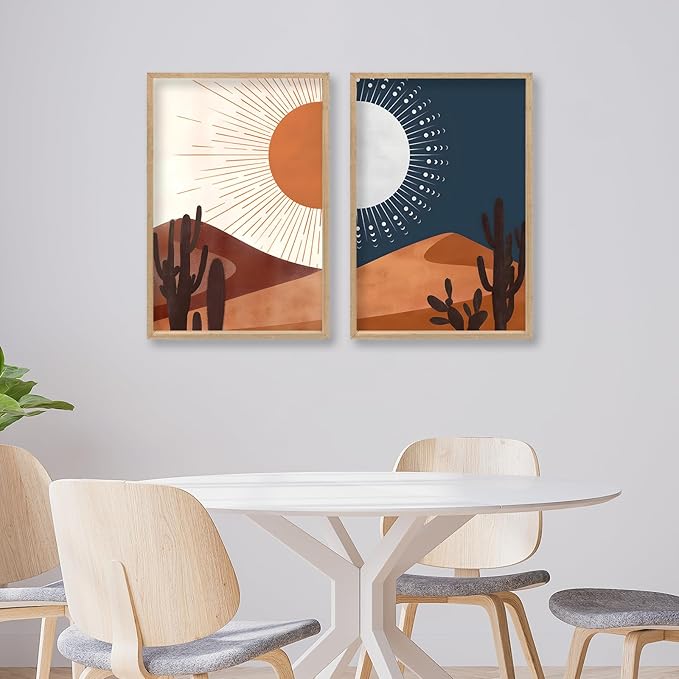 Sun and Moon Cactus Desert Landscape Wall Art Decor 16"x11" Modren Farmhouse Living Room Set of 2 Botanical Prints Wooden Framed Bedroom Boho Multicolor Minimal Wall Hanging Sign (Wood)