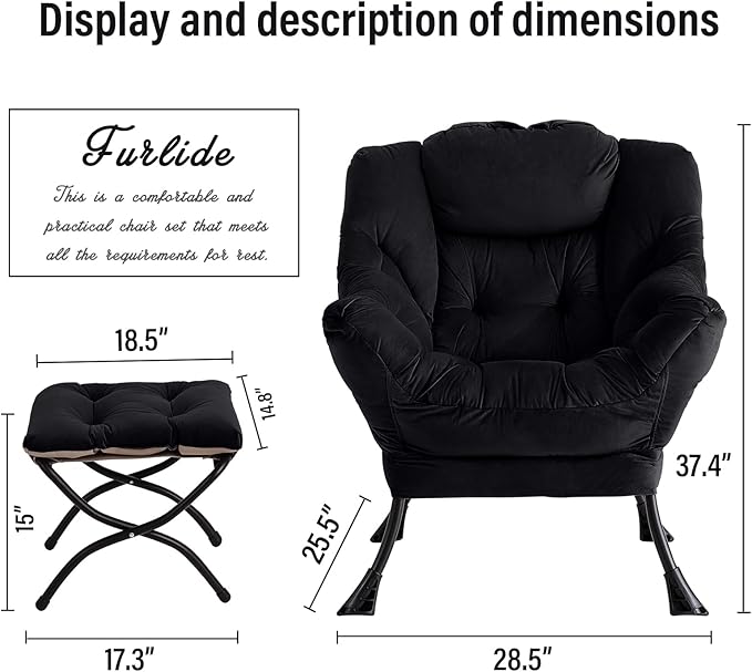 Lazy Chair with Ottoman, Modern Chair with Folding Footrest, Lounge Accent Chair, Comfortable Reading Chair, Oversized Armchairs for Bedroom, Study, Living Room, Courtyard (Velvet Black)