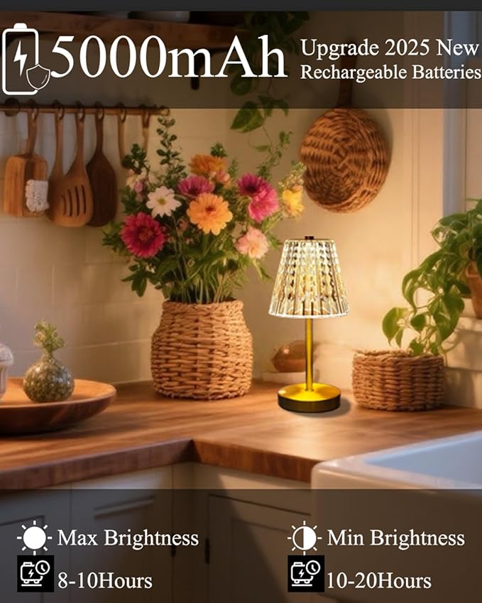 Gold Cordless Table Lamp Rechargeable,5000mAh Battery Operated Lamps,Mini Small Crystal Table Lamp for Restaurant Dining Bathroom/Kitchen Counter/Rechargable Touch Lamp for Home Dinner Shower Lamp