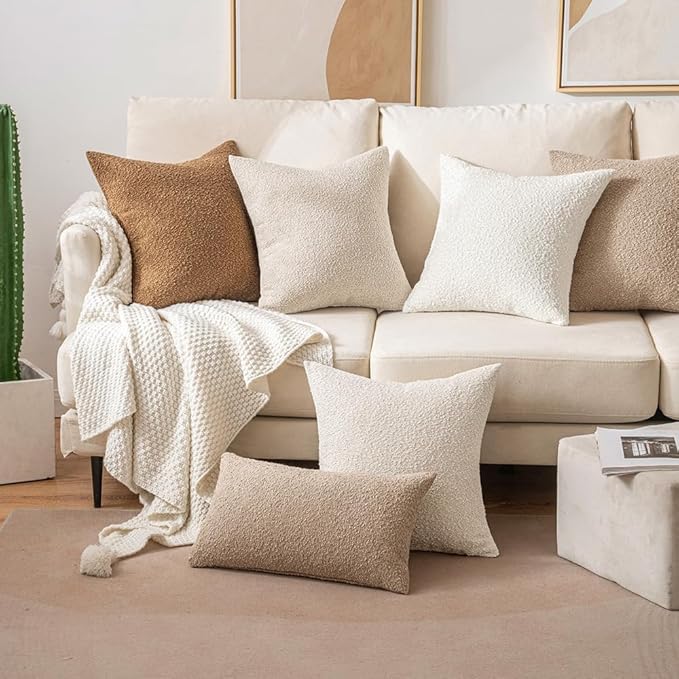 MIULEE 24x24 Decorative Euro Sham Throw Pillows for Bed Set of 2 Textured Boucle Neutral Throw Pillow Coverss Khaki Accent Solid Couch Pillowcase Cozy Soft Sofa Livingroom Home Decor