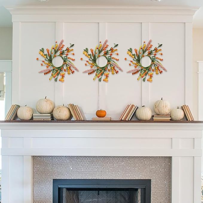 6pcs 11” Fall Mini Forsythia Flower Mini Candle Wreath for Home Decor, Set of 6 Pcs Autumn Flower Mini Wreaths Set for Closet Kitchen Fireplace, Fall Forsythia Candle Ring