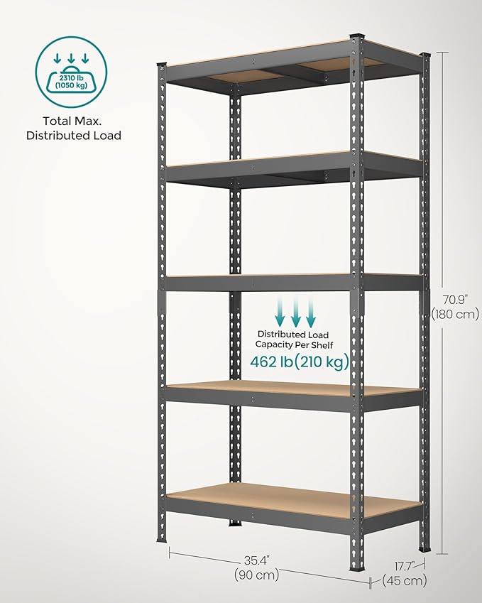 SONGMICS 5-Tier Storage Shelves, Load 2310 lb, Garage Storage, Boltless Assembly, Adjustable Shelving Unit, 17.7 x 35.4 x 70.9 Inches, for Study Shed Basement, Gray and Natural Beige UGLR450G01