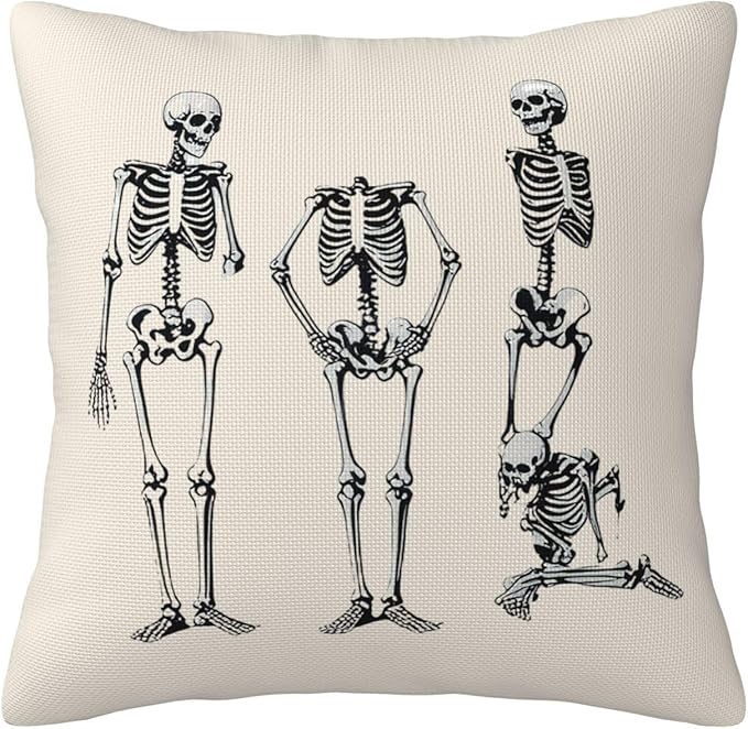 Halloween Pillow Covers 16x16 inch Set of 4, Linen Outdoor Farmhouse Skeleton Skull Spooky Black and White Decorations for Sofa Couch