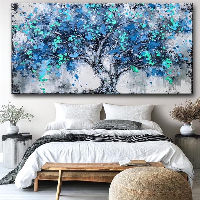 Tree Wall Art Teal Blue Nature Tree of Life Abstract Canvas Painting Textured Picture, Modern Landscape Artwork Framed for Living Room Bedroom Bathroom Office Home Decor 58x28in