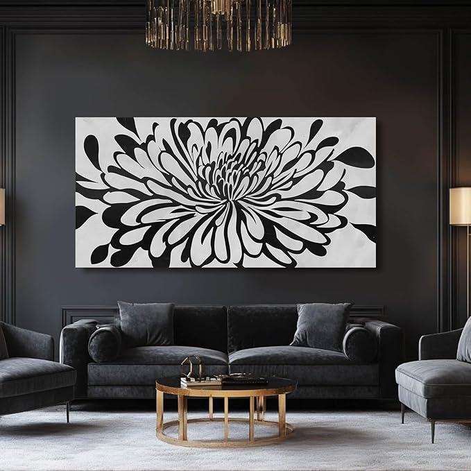 Modern Large Framed Artwork Black Line Art Flowers Painting on Canvas Office Home Wall Decor White Pictures 29x58 Inch Neutral Wall Art